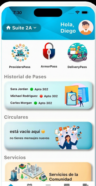 Pantalla de inicio de la app ArmorPass con pases, historial de visitas y servicios