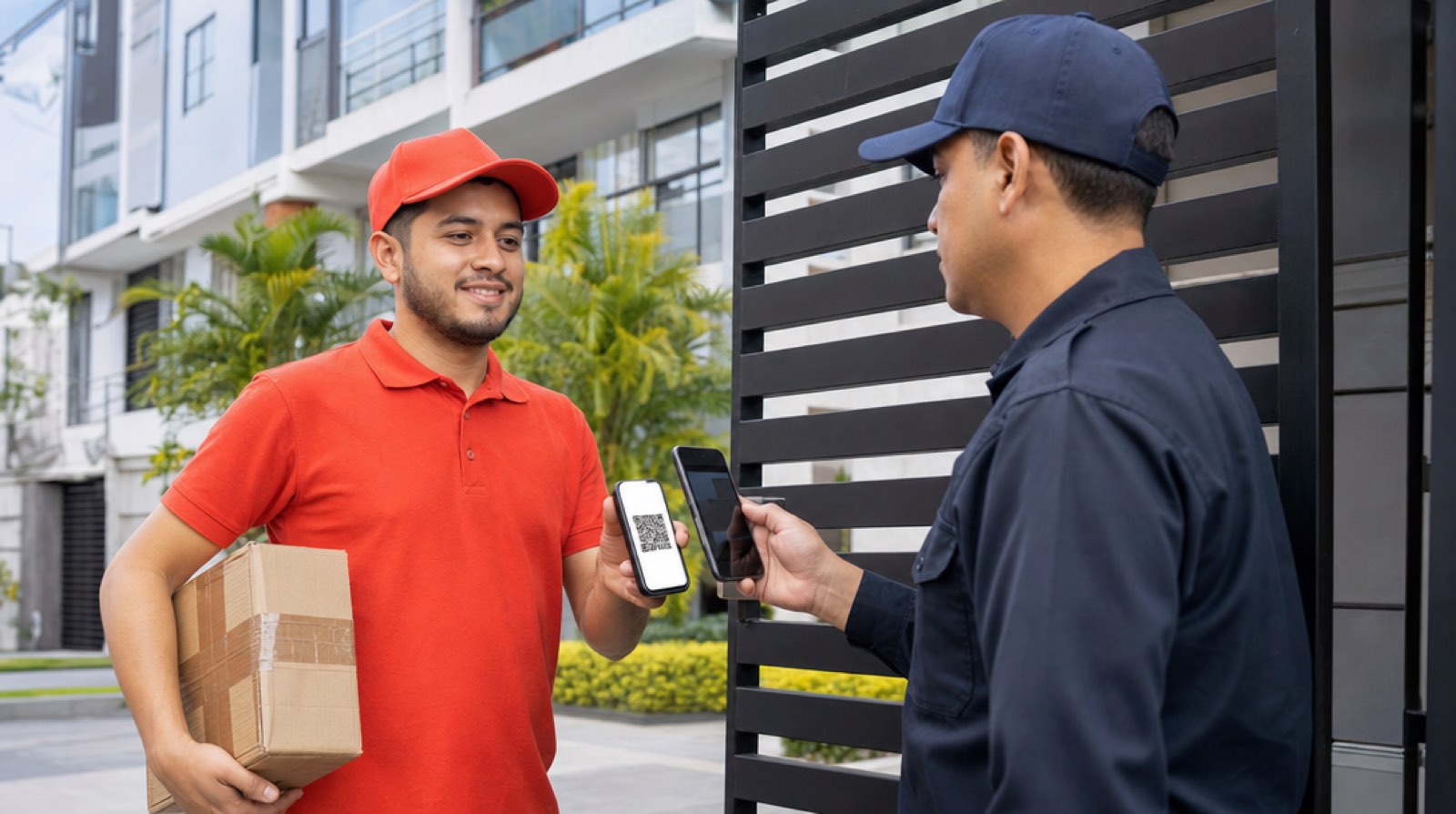 Repartidor mostrando un código QR al guardia de seguridad en la entrada de un condominio