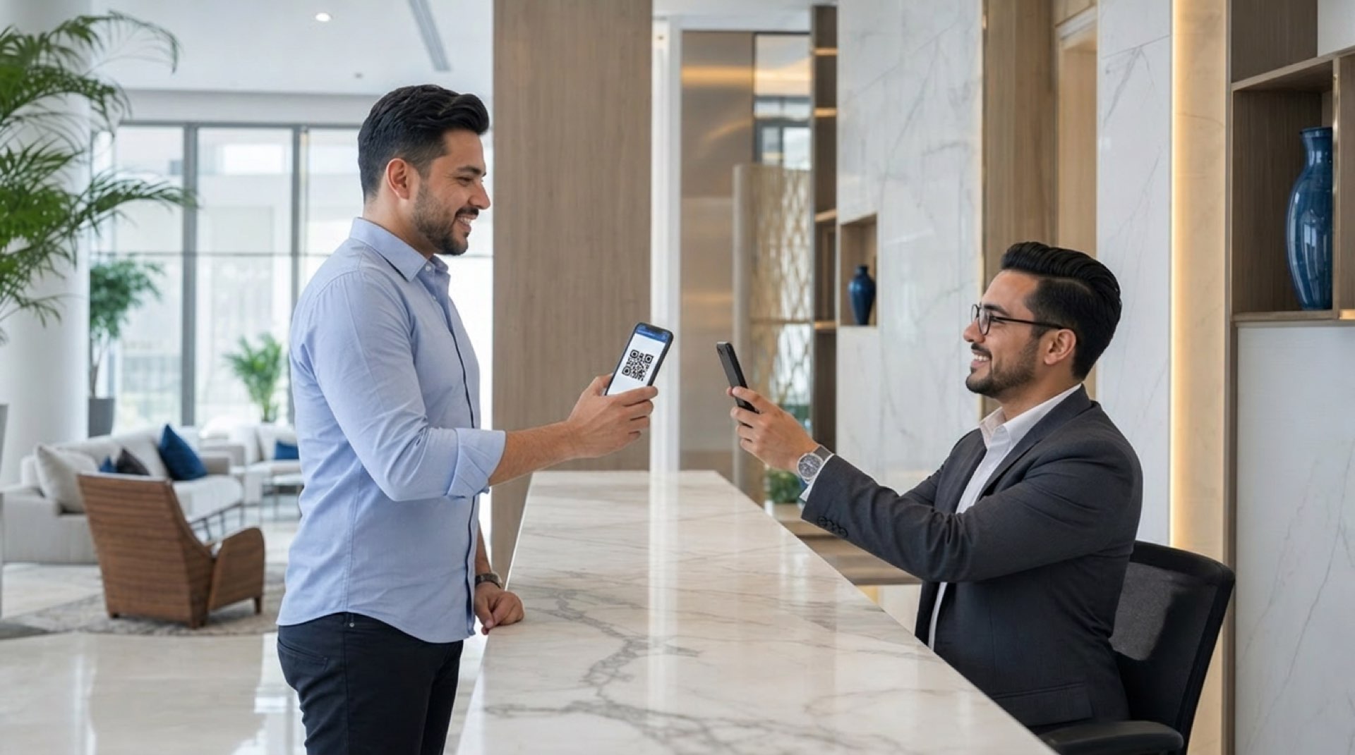 Conserje verificando el código QR de un visitante en el lobby de un condominio